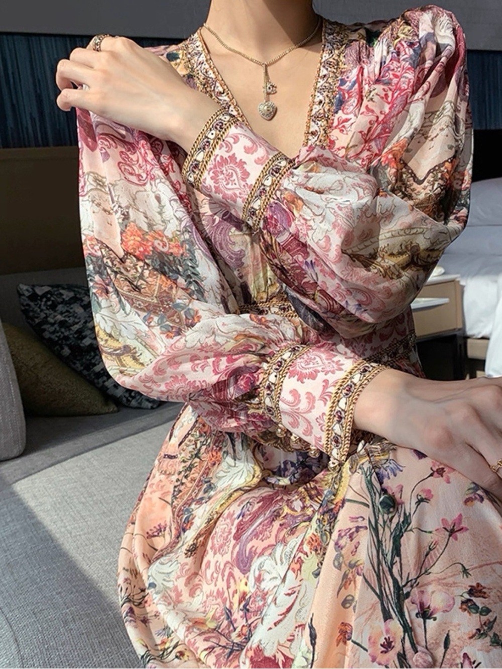 100% Silk Pink Floral Long Sleeve Maxi Dress